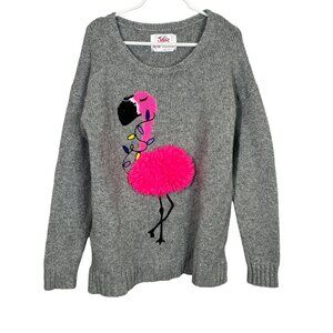 Justice Gray Knit Flamingo Pom Pom Sweater Girls Size 14/16
